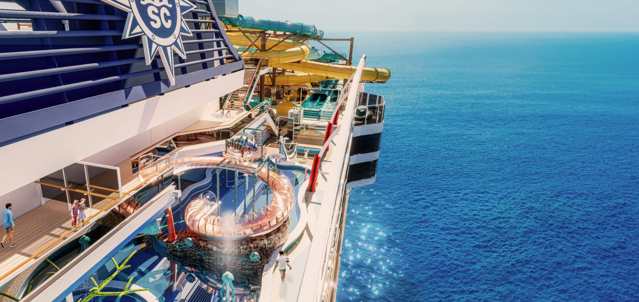 Slide down colorful waterslides and a kids splash pad at the Aquapark onboard MSC World America | MSC Cruises
