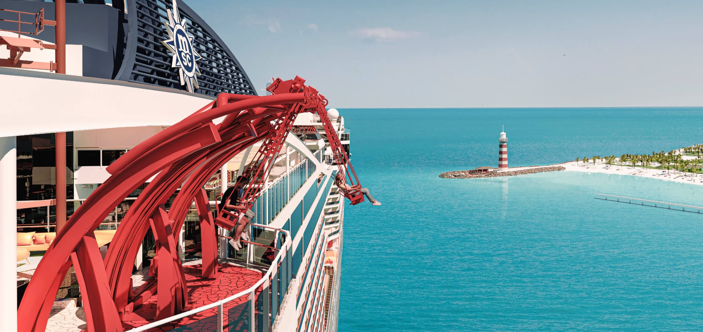 Get ready for Cliffhanger, the only over water swing ride at sea onboard MSC World America | MSC Cruises